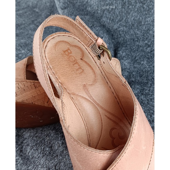 Born Shoes Cork Wedge Sandals Tan Leather Strappy Buckle Size 9M - Picture 6 of 9